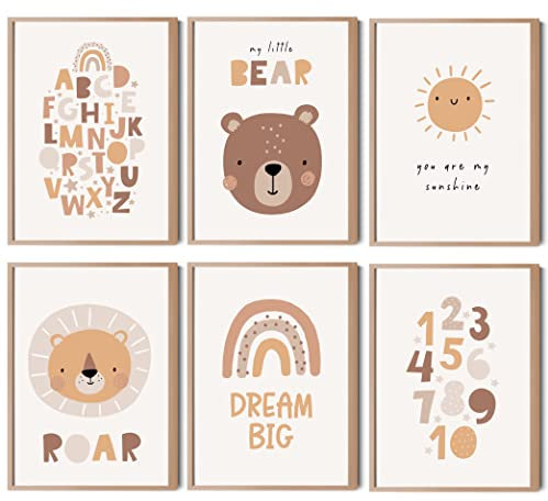 HappyArts® | Kinderzimmer Bilder A4 Poster 6er Set Deko Mädchen Junge Babyzimmer | Regenbogen Alphabet Zahlen ABC Lernposter Tiere Löwe Bär OHNE RAHMEN