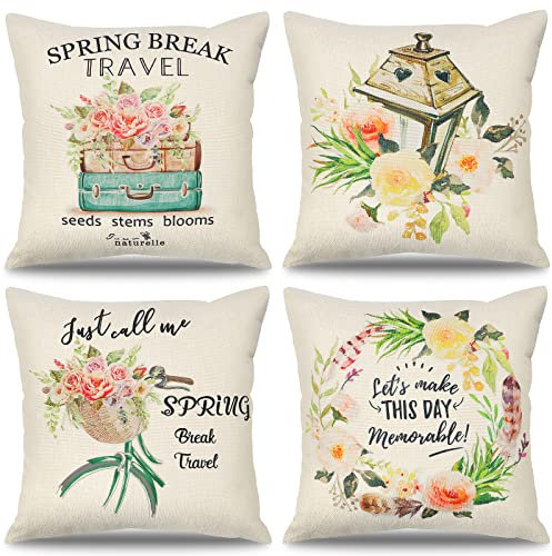 Weldomcor 4 Stück Kissenbezug Deko Kissenhülle Leinen Kissenbezug 45x45 Frühling Sommer Dekorative Kissenhülle Sofakissen Dekokissen Bezug Kissen für Wohnzimmer Schlafzimmer Kissen Deko, Blumen