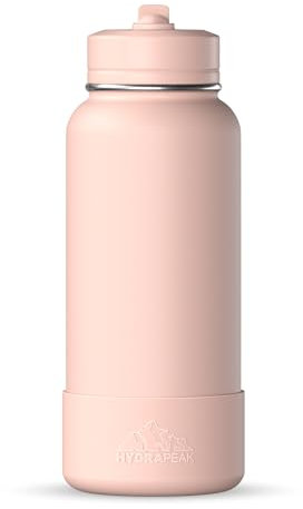 Hydrapeak 32oz Sport Insulated Water Bottle with Straw or Chug Lid, Leak & Spill Proof, Keeps Drinks Cold for 24 Hours, Hot for 12 Hours, Premium Stainless Steel Water Bottles (32oz, Peony)