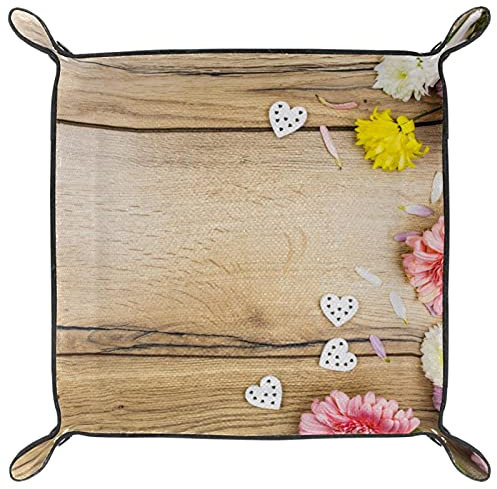 Valet-Tablett, Schreibtisch-Aufbewahrungs-Organizer, hochwertiges PU-Leder-Auffangtablett, Nachttisch-Waschtisch-Tablett, Nachttisch-Caddy-Halter,Holzbrett Chrysantheme