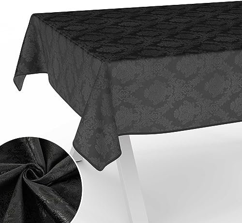 Stoff Tischdecke Textil Tischwäsche Tischtuch Baumwolle Polyester abwaschbar Uni Ornament Damast Jacquard Gewebe waschbar Barock Schwarz 120x140cm mit Saum (Eingefasst)