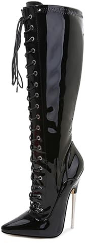 Sexy Ultra-High Heel Stiefel 18CM Stiletto Spitz Lackleder Elastische Overknee Stiefel Hohe Stiefel Pole Dance Boots,Schwarz,40 EU