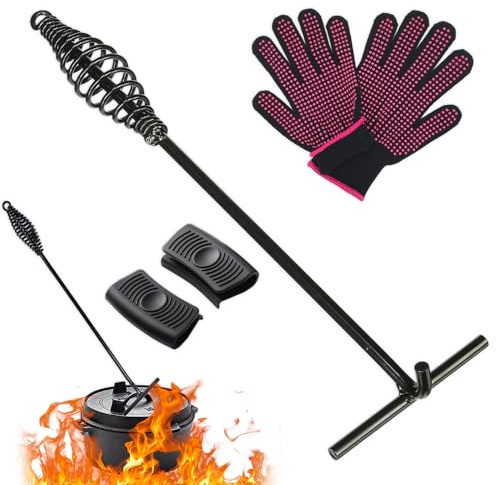 Mizikuu Deckelheber für Dutch Oven, Griffhaken 26 cm Feuertopf Gusseisen T-Stangen Zum Heben mit Grillhandschuhe Silikongriffe für BBQ, Grill, Camping