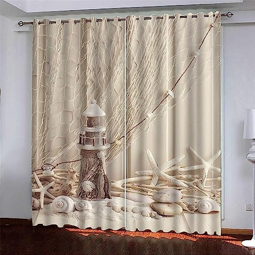 Rideau Opaque 170 X 200 Cm Phare De Coquille 3D Impression Isolant Thermique Isolant Phonique 90% Rideaux Occultant À Oeillets Douceur Rideau Chambre Garçon Fille Bureau Hôtel Restaurant -8S2M-G4J