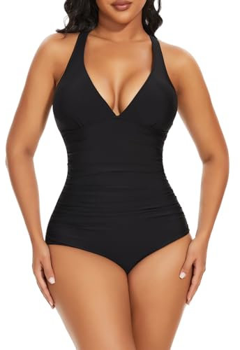 SHAPERIN Badeanzug Damen V-Ausschnitt Bauchweg Formender Badeanzug Sexy Monokini Rückenfrei Einteilige Bademode Swimsuits Miederbody, Schwarz, M