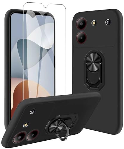 JDXHFF Cover Compatibile con ZTE Blade A54 (6.6) Nero e Staffa Girevole a 360° e Pellicola Protettiva in Vetro Temperato - Custodia Morbido Silicone Protettivo TPU Case Black