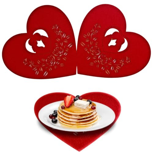 Herz Tischsets Rot für die Küche - Set 2 Tischsets in Herzform aus Filz Muttertag 2025 - Ideal Für Frühstück / Abendessen - Romantische Dekoration