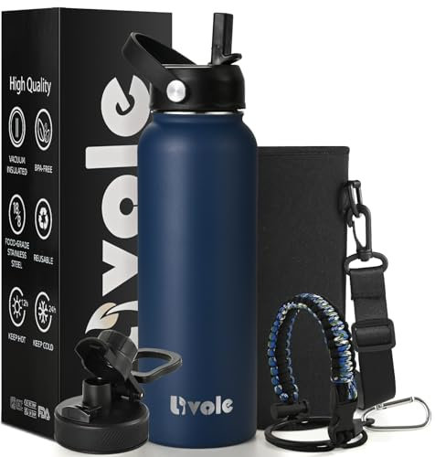 Livole 40oz 1180ml Stainless Steel Water Bottles with Straw and Carrying Pouch, Metal Water Bottle for Women, Men, Vacuum Insulated Water Bottle for Cold Hot Drinks, Travel, Sports, Gym, Navy Blue