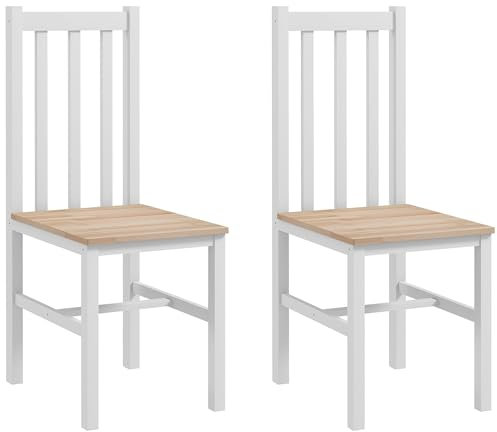 HOMCOM Juego de 2 Sillas de Comedor Silla de Cocina con Respaldo de Listones Marco de Madera de Pino para Sala de Estar y Comedor Carga 120 kg 38,5x47,5x99 cm Blanco y Natural