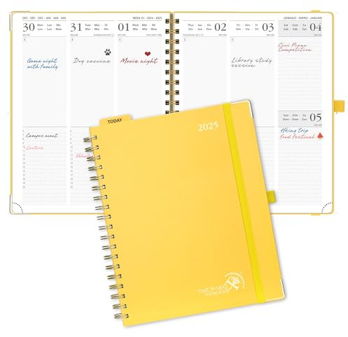 POPRUN Kalender 2025 Buchkalender Ringbuch mit Hardcover, ca. A4 (25,5 x 20,5 cm), 12-Monate-Terminplaner (Jan.2025-Dez.2025), Wochenplaner 2025 mit 100 GSM Elfenbeinpapier - Hellgelb