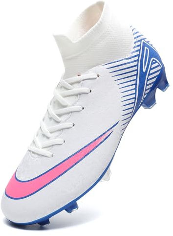 Unitysow Scarpe da Calcio Uomo all'aperto High Top Spikes Tacchetti Professionale Scarpe da Allenamento Leggero Antiscivolo Scarpe da Calcetto,T2462 Bianco,40 EU