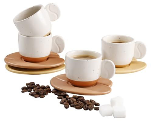 BosilunLife Espresso Cups Set of 4, 2.8 oz / 80 ml Ceramic Espresso Coffee Cup and Saucer Set, Small Coffee Cups with Handles, Microwave Safe, for Espresso Machines, Home or Office Use