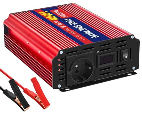 TAGEEBLU 1000W Reiner Sinus Wechselrichter DC 12V auf AC 230V Spannungswandler, Wechselrichter für Fahrzeuge mit Alligatorclip, 1 AC Steckdose und LCD Bildschirm