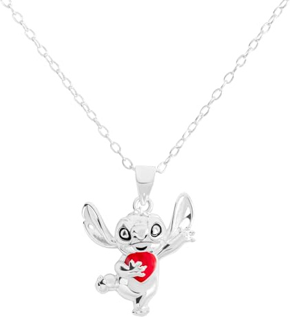 Disney 925 Sterling Silber Stitch Love Heart Anhänger Halskette für Mädchen, Sterling Silber