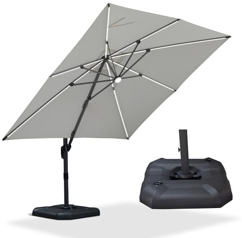 PURPLE LEAF Ombrellone da Giardino a LED Solare 3 x 3 m con Basi per Ombrellone, Ombrelloni da Esterno Inclinabile e Rotazione di 360°, 8 Stecche in Alluminio e Tela Protezione UV, Bianco