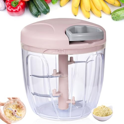 Vegetable Chopper 900ml - Multi-Function Manual Food Processor - Hand-Pull Design with Handle & Lid - Slicer, Dicer & Blender for Onion, Garlic, Peppers, Fruits, Nuts, Herbs (Pink)