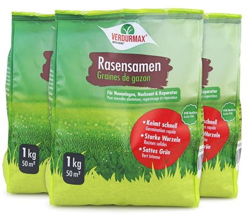 Verdurmax 3 x 1 kg de semences de gazon – Mélange de haute qualité pour 40 m² de pelouse dense, résistante et à germination rapide – Idéal pour la création, le regarnissage et la réparation du gazon