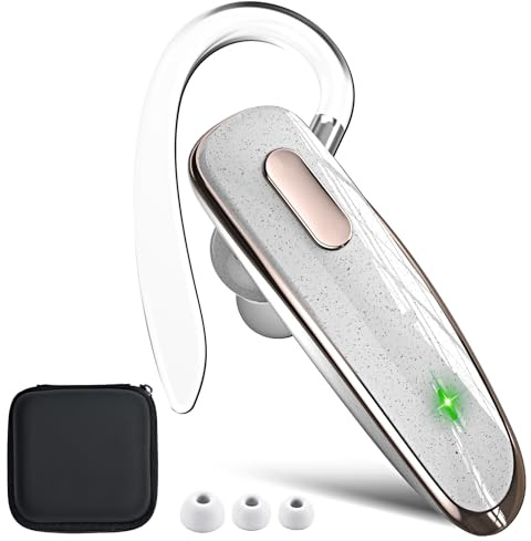 Jinreoo Bluetooth Headset, V5.1 Ultralight Wireless Handsfree Earpiece Cell Phone with Noise Cancellation Microphone for iOS Android Trucker Driver- White