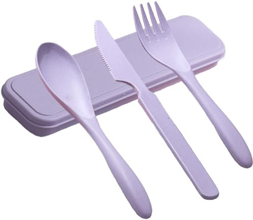 Reusable Cutlery Set with Case, Portable Plastic Travel Knife Fork Spoon Flatware, Camping Utensils for Lunch Box School Work Picnic Daily Use (Purple)