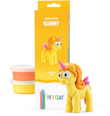 HEY CLAY Rainbow Unicorns – lufttrocknendes Ton-Set für Kinder – Kreativ-Set ab 3 Jahren (Sunny, Serie Regenbogen-Einhörner, 3 Dosen)
