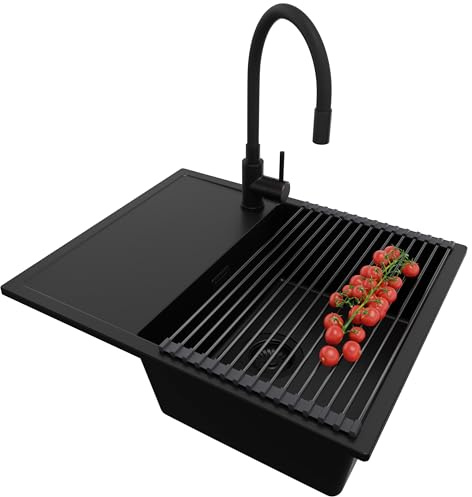 PRIMAGRAN Granitspüle ab 45er Unterschrank + Küchenarmatur, 62x50cm | Set: Küchenarmatur BW6020 + Ablauf-Set + Abtropfmatte + Spülbecken 1 Becken - Ibiza, Alles Schwarz