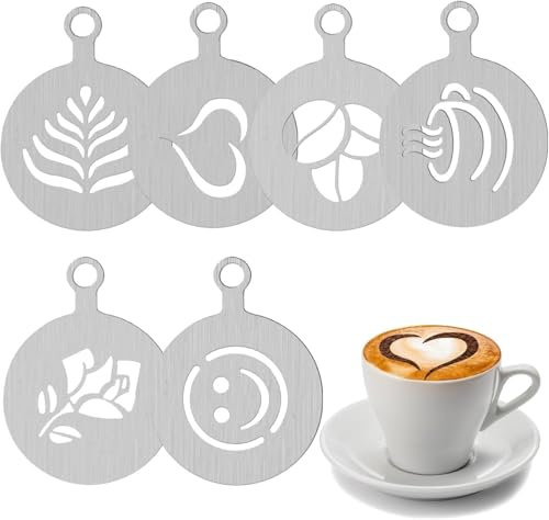 Kaffeeschablonen aus Edelstahl, 6 Pcs Kaffee-Dekorationsschablone cappuccino schablonen kaffee schablonen kaffee Latte Art Schablonen tortenschablone für Kaffee Kuchen Dekorieren