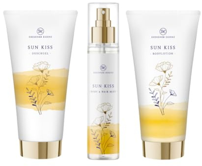 Dresdner Essenz Private Collection Sun Kiss – 3-teiliges Pflegeset | Sommerlich-sinnliches Pflege-Set mit Duschgel 200ml, Bodylotion 200ml & Duftspray 150ml