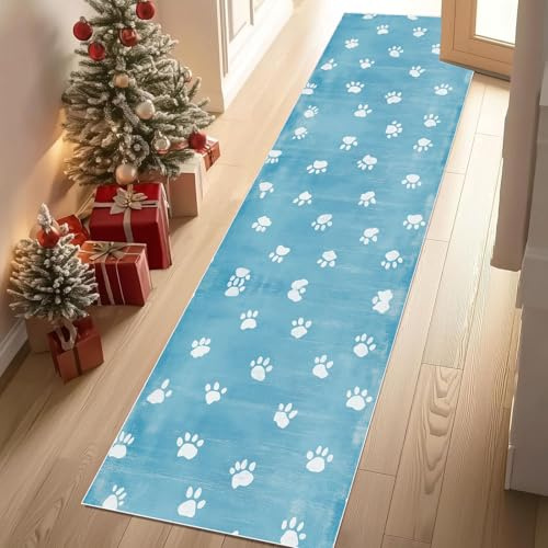 Meugesoi Tier Pfotenabdrücke Teppichläufer rutschfest Waschbar 60x180 cm, Hundepfote Küchenteppich Flurteppich Teppich Läufer für Flur, Eingangsbereich, Küche, Wohnzimmer