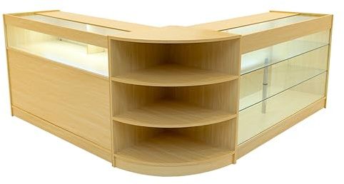 Maple Shop Counter Set Demeter LED Light K1500 B1500 LM60 150cm 60cm W Lockable Sliding Doors Keys 3 Retail Storage Units Glass Display Showcase Cabinet Corner Clothing Jewellery Shelves Lighting