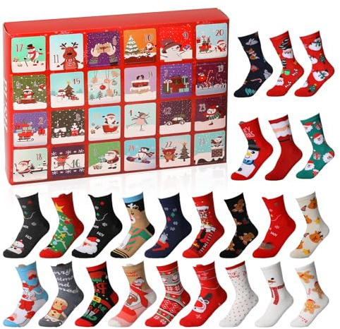 24 Paar Weihnachtssocken-Adventskalender 2025, 24 Tage Weihnachtssocken-Countdown-Kalender, warme weiche Baumwollsocken, Weihnachtsstrumpf für Damen und Herren, Weihnachten, Party, Urlaub, Erwachsene