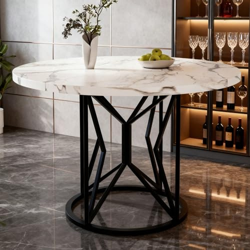Runder Esstisch 100×100×76 cm | Marmorierte MDF-Platte mit goldenen Akzenten | Geometrische Metallbeine | Für 4-6 Personen in Esszimmer & Wohnzimmer (Black + MDF)