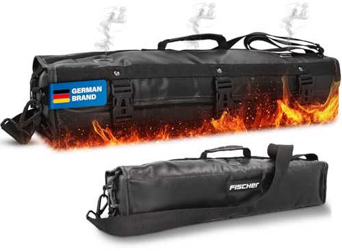 Fischer Brandschutztasche für Lithium-Akkus, feuerfeste Sicherheitsbox bis 1000°C, DIN EN ISO 6940 geprüft, mit Kabeldurchlass, Rauchgas-Entlastung & Tragegurt, für E-Bike, E-Scooter & Powerbanks