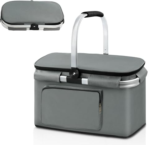 Ecofocet Einkaufskorb Faltbar, Kühltasche Picknickkorb 41×25×24 cm | Große Isolierter Kühlkorb Lunchtasche mit Gepolsterten Griffen Fronttasche, für Shopping Picknick Camping Outdoor
