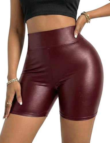 Ausing Damen Shorts PU Leder Hose Kurz Party Karneval Outfit Sexy Outfit Rave Nachtclub Hotpants Hohe Taille Bauchweg Elegant S-2XL
