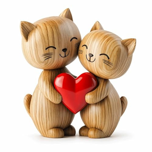 LEMONSTONE Holz Deko Katzenfigur 2D Gedruckt - Zwei Katzen mit Rotem Herz Holzdeko zum Hinstellen - 18x20 cm Katzen Holzdeko Fuer Wohnzimmer und Buecherregal Deko - Geschenke Fuer Katzenliebhaber
