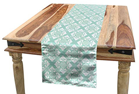 ABAKUHAUS Teal und Weiß Tischläufer, Mosaik-Blumendetail, Esszimmer Küche Rechteckiger Dekorativer Tischläufer, 40 x 225 cm, Grün Weiß