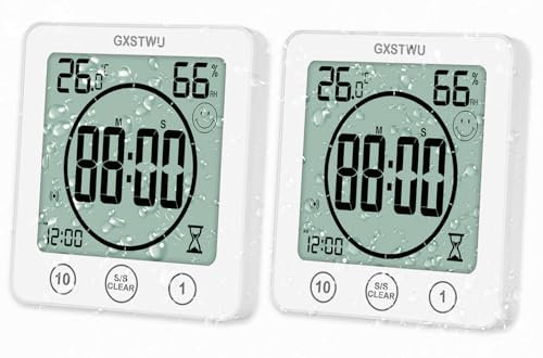 GXSTWU Lot de 2 horloges de douche numériques étanches avec alarme, horloge murale de salle de bain, cuisine, minuteur à écran tactile [compte à rebours et à rebours], thermomètre, hygromètre,