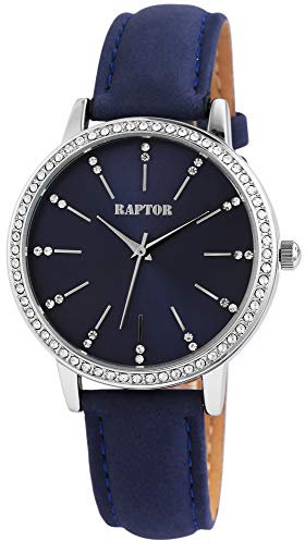 Raptor Damen-Uhr Echt Leder Armband Strass Glitzer Elegant Analog Quarz RA10176 (blau)