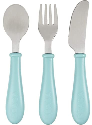 BÉABA, Set de 3 Couverts Enfant d'Apprentissage - Inox - 2ème Âge, Dès 12 mois - Prise en main facile pour Bébé, Airy Green