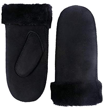 YISEVEN Damen Lammfell Fäustlinge Shearling Robust Dickehandschuhe Lederhandschuhe Gefüttert Lammfellhandschuhe Leder Fäustling Fell Damenhandschuhe Fellhandschuhe Geschenke, Schwarz M