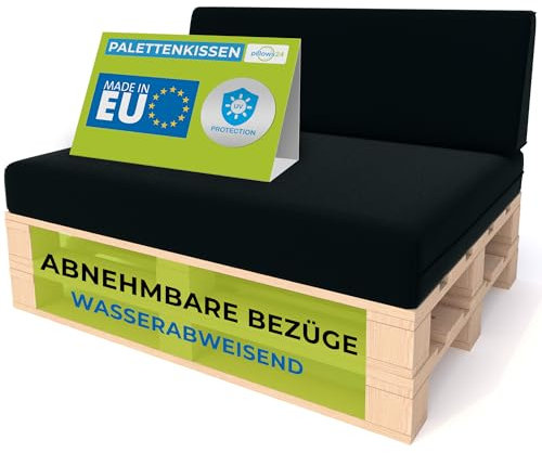 Pillows24 - Palettenkissen 2-teiliges Set | Palettenauflage für Palettensofa | Rückenkissen & Sitzkissen für Europaletten | Palettenmöbel für Indoor & Outdoor mit UV-beständig | Made in EU | Schwarz