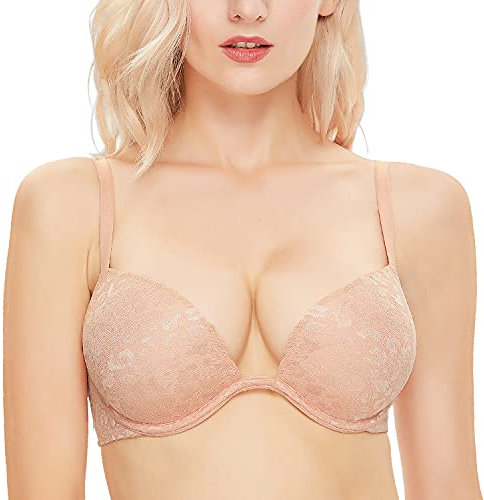 WingsLove Push Up Bra Sexy Deep V Plunge Add 2 Cups Bras Underwire T-Shirt Bra Multiway(Champagne 38DD)