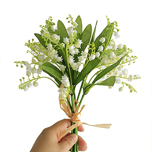 HAOSHICS 12 Pcs Artificial lily of the valley,Vivid Silk Lily Flowers Bouquet, Faux Flowers for Home Wedding Party Decoration (White)