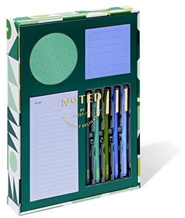 Noted by Post-it bedruckte Notizen, Geschenkbox, 4-teiliges Set, coole Farben, inklusive runde Haftnotizen, quadratische Haftnotizen, Mini-Listen-Haftnotizen, 3er-Pack Stifte (NTD-Box-SGR)