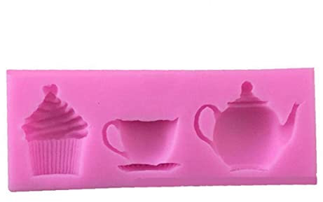 Ruluti Fondant Silicone Mould Teapot Cup Ice Cream Icing Moulds Cake Flower Mold Silicone Mould for Wax Melts Cake Decorating Baking Soap Candy Jelly Sugarcraft