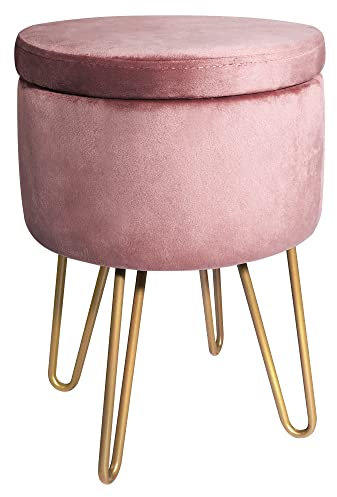 BONTEC Round Velvet Vanity Stool with Storage, Pink Dressing Table Chair with Gold Metal Legs, Soft Ottoman Seat, Shoe Bench & Toy Book Organizer, for Bedroom, Living Room, Hallway, 6.38L Capacity