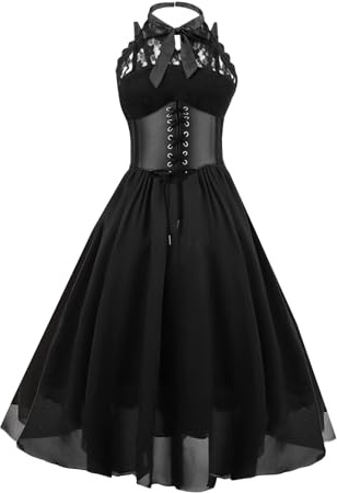 GOLDSTITCH Women's Sleeveless Gothic Lace Dress with Corset Halter Lace Swing Cocktail Dress