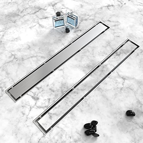 HTOH Linearer Duschablauf, 71,1 cm, 2-in-1, rechteckiger Duschbodenablauf, 304 Edelstahl, linearer Duschablauf mit Flieseneinsatzrost, verstellbare Füße, Haarfilter