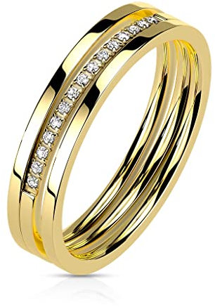 Paula & Fritz® Ring Damen Triple-Ring Gold Zirkonia klar 316L Chirurgenstahl Größe 59 (18,8) 4,5-mm Breit Herren-Ring Partner-Ring Ehe-Ring Dreifach