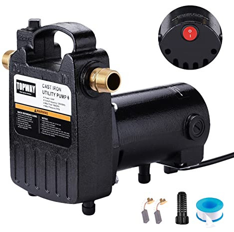 TOPWAY 1/2HP 1560GPH Portable Cast Iron High Pressure Utility Transfer Water Pump with Built-in On/Off Switch,Hose connectors & Suction Strainer.
